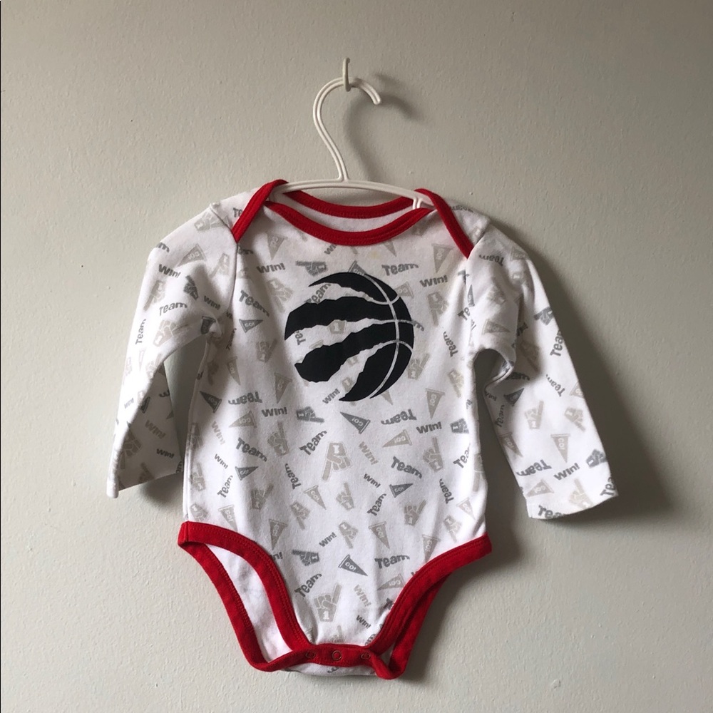 NBA White Long-Sleeve Baby One-Piece with Red Trim and Black Basketball Logo